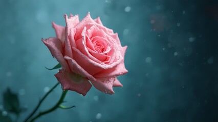 Canvas Print - A single pink rose with water droplets on it