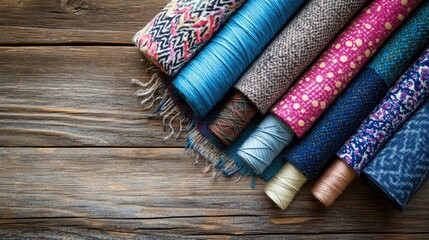 Poster - Colorful fabric rolls and sewing threads arranged on a rustic wooden background for creative textile design or sewing projects.