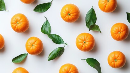 Leinwandbilder - Fresh ripe tangerines with green leaves arranged on a clean white background for a vibrant fruit display or culinary composition.