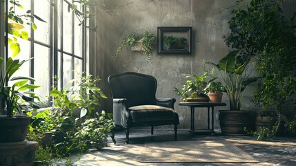 Leinwandbilder - Cozy interior with black chair and small table surrounded by lush greenery and natural light in a serene atmosphere