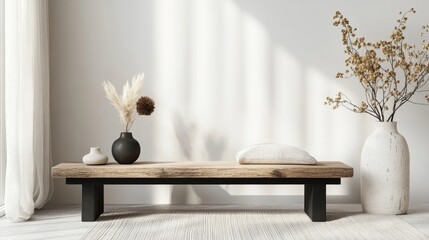 Aufkleber - Scandinavian minimalist decor featuring wooden bench black vase dried flowers and personal accessories in a bright interior setting