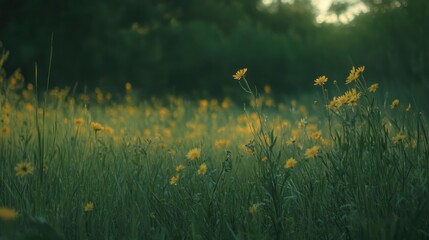Fototapete - Serene sunset meadow with vibrant yellow flowers in soft focus creating a tranquil atmosphere showcasing nature's beauty during golden hour