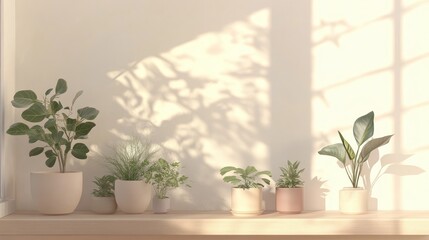 Poster - Scandinavian room interior featuring plants in stylish pots on a shelf with natural light and white walls creating a serene garden atmosphere
