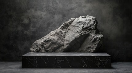 Leinwandbilder - Dark gray stone podium with rock backdrop for product display in minimalist studio setting