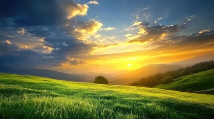 Poster - Scenic summer sunset over a lush green field with golden rays illuminating a valley and dramatic blue cloudy sky in the background