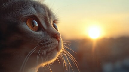 Poster - Groomed Scottish Fold cat gazing at sunset with warm golden hues creating a serene and reflective atmosphere in the background.