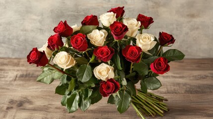 Aufkleber - Elegant red and white roses bouquet beautifully arranged with lush green leaves against a soft romantic backdrop for special occasions.