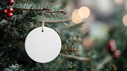 Aufkleber - Minimalistic round wooden ornament on a Christmas tree surrounded by greenery and warm bokeh lighting for holiday decor mockup.