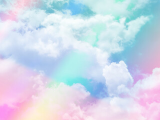 Wall Mural - beauty sweet pastel green and pink colorful with fluffy clouds on sky. multi color rainbow image. ab