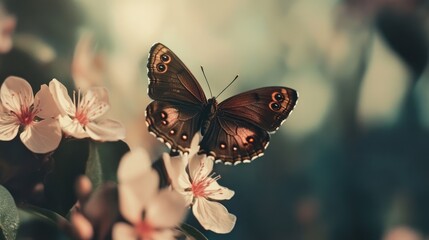 Poster - Ringlet butterfly perched gracefully on delicate pink blossoms in soft natural light showcasing nature's beauty and tranquility.