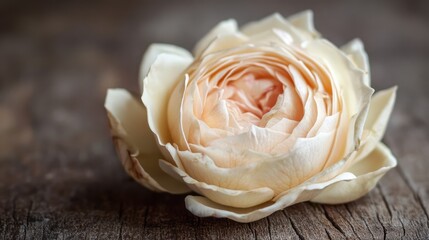 Poster - Soft peach rose flower close up resting on rustic wooden surface showcasing delicate petals and natural textures for floral design concepts.