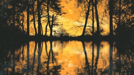 Poster - Sunset silhouettes of trees reflecting on calm lake water creating a mirror effect during golden hour in a serene natural landscape.