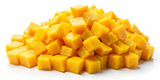 A vibrant pile of freshly cut mango cubes is arranged neatly on a white surface, showcasing the fruit's bright yellow color and firm texture, perfect for various culinary uses