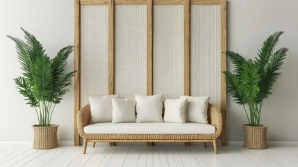 Aufkleber - Scandinavian interior design featuring a rattan sofa and greenery creating a serene vacation atmosphere in a modern living space