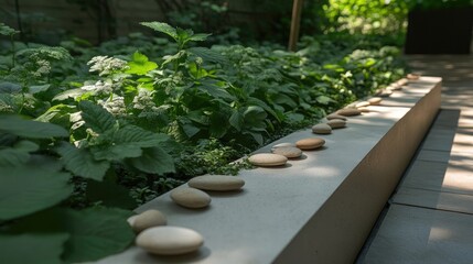 Leinwandbilder - Serene arrangement of smooth river stones on a cement ledge amidst lush green foliage in a tranquil garden setting
