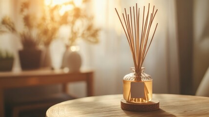 Aufkleber - Reed diffuser creating a warm ambiance on a wooden table in a cozy indoor setting with soft natural light
