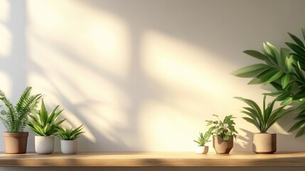 Fototapete - Scandinavian interior design featuring a wooden shelf adorned with elegant plants and hipster pots against a bright wall backdrop.