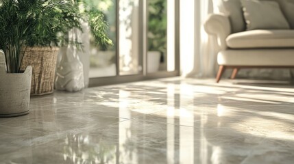 Leinwandbilder - Modern ceramic tile installation in a sunlit living room showcasing elegant flooring and indoor plant decor.