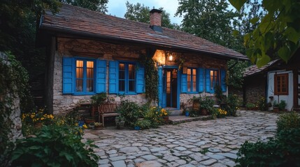 Leinwandbilder - Charming rustic house with blue windows illuminated at dusk surrounded by greenery in a peaceful village setting