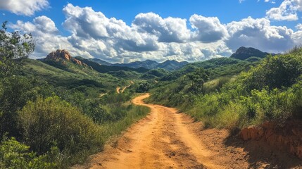 Poster - Breathtaking views along a scenic hiking trail surrounded by lush greenery and majestic mountains under a vibrant sky