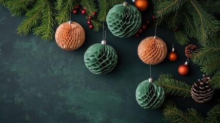 Aufkleber - Scandinavian honeycomb ornaments with wooden beads on dark green background Eco friendly Christmas crafts flat lay decoration ideas