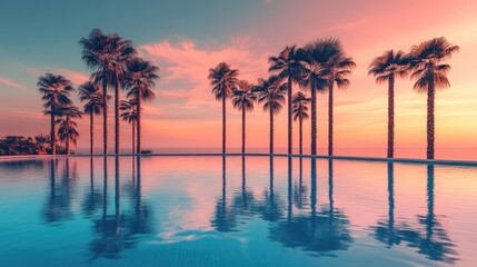 Leinwandbilder - Serene sunset reflection of palm trees in a tranquil blue swimming pool creating a picturesque tropical atmosphere