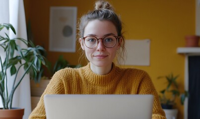 Wall Mural - Woman With Glasses Using Laptop at Home