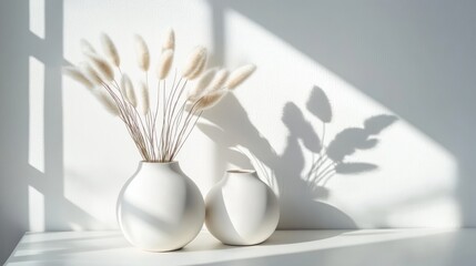 Aufkleber - Scandinavian vase set casting shadows with bunny tail grass in a minimalist interior decoration on a white table