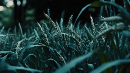Poster - Wheat field at dusk showcasing lush green crops in a serene summer landscape with soft sunlight illuminating the grains
