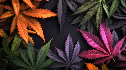 Poster - Vibrant cannabis leaves in diverse hues arranged on a dark background showcasing the beauty of different marijuana varieties.