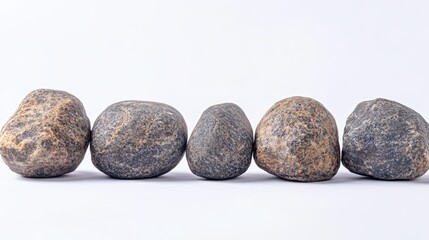 Fototapete - Close up of smooth ocean stones arranged in a line against a clean white background showcasing natural textures and colors.