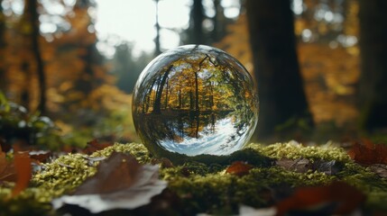 Poster - Crystal globe glass on green moss in forest to protect nature Save and care World for sustainable. concept of the environment ecology and Earth Day. eco environment and ESG concept