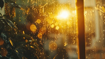Leinwandbilder - Sunset reflection on a rain-soaked window capturing golden hour light and soft bokeh effects in a tranquil indoor setting