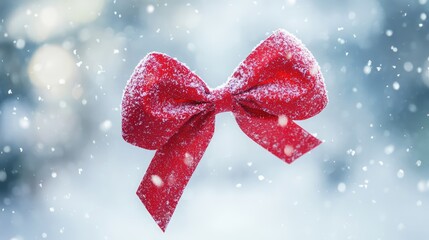 Poster - Red festive bow adorned with snowflakes on a soft white snow texture background creating a winter wonderland atmosphere