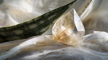 Leinwandbilder - Rutilated quartz gemstone resting elegantly on a textured fabric with sansevieria plant leaves in a serene natural composition