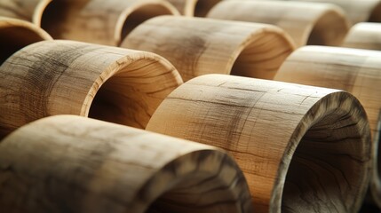Aufkleber - Poplar logs cut into cylindrical shapes for woodworking projects and craftsmanship display in a close-up view showcasing wood grain.