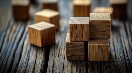 Poster - Wooden cubes arranged on a textured wooden surface creating a natural and minimalistic background for design and conceptual themes.