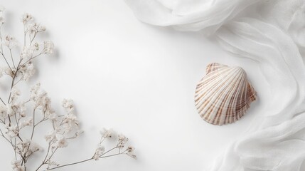 Wall Mural - Seashell on a soft white background with delicate flowers and fabric creating an elegant and serene coastal composition