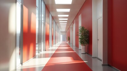 Leinwandbilder - Bright modern office corridor with red walls and natural light creating an inviting atmosphere for a contemporary workspace.