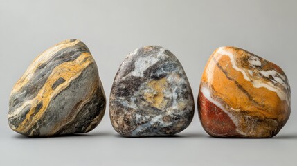Leinwandbilder - Three unique river stones with distinct patterns and colors arranged on a neutral background showcasing natural beauty and texture.