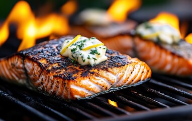 Grilled salmon fillets topped with herb butter, cooking over an open flame, showcasing a delicious and appetizing meal.