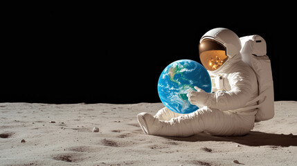 Wall Mural - astronaut holding earth on the lunar surface at night