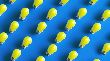 Aufkleber - Close up of vibrant yellow electric bulbs on blue backdrop symbolizing innovation creativity minimalism and sustainable energy solutions