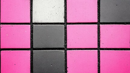 Aufkleber - Seamless tiled mosaic pavement in pink, grey, and white colors creating a vibrant urban surface design pattern.