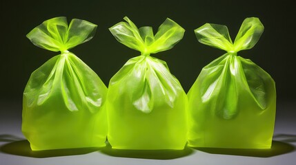 Poster - Three vibrant neon green bags ready for use casting soft shadows in a minimalistic setting highlighting their texture and color.