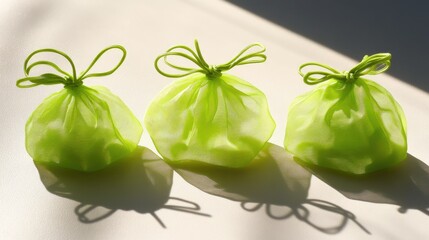 Leinwandbilder - Neon green bags casting soft shadows on a light surface ready for filling or presentation in a bright setting
