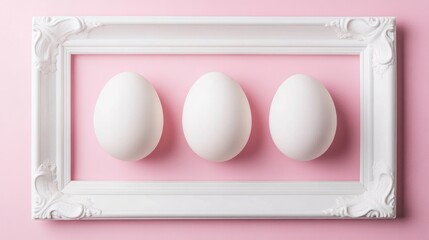 Aufkleber - Minimalist composition of three white chicken eggs displayed in an ornate white frame against a soft pink background