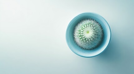 Aufkleber - Small green cactus in light blue pot on a minimalist white background with ample copy space for botanical or decor themes.
