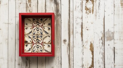 Aufkleber - Decorative tiled letters arranged in a red tray on a rustic wooden background showcasing vintage artistry and craftsmanship