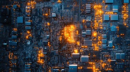 Wall Mural - semiconductor circuit board technology with glowing microchips and advanced electronic components in